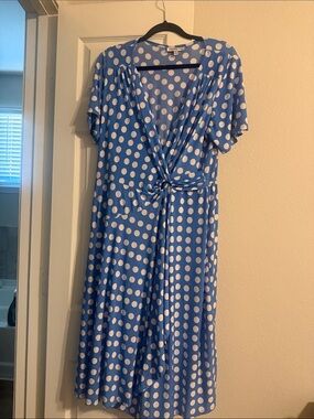 Robbie Bee Blue and White Polka Dot Wrap Dress